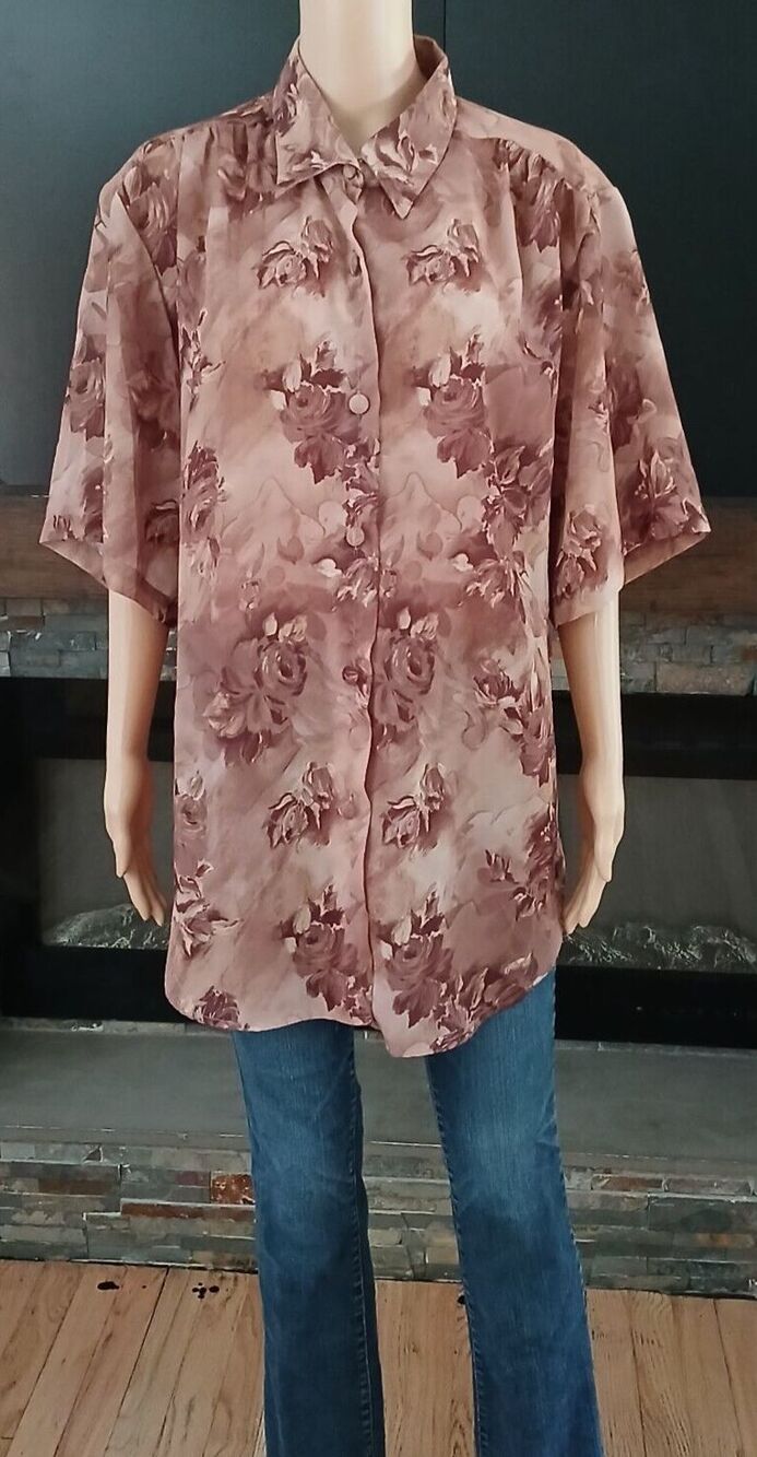 Melissa Robyn Vintage Sheer Roses Buttons Casual Blouse Top Women's 18W